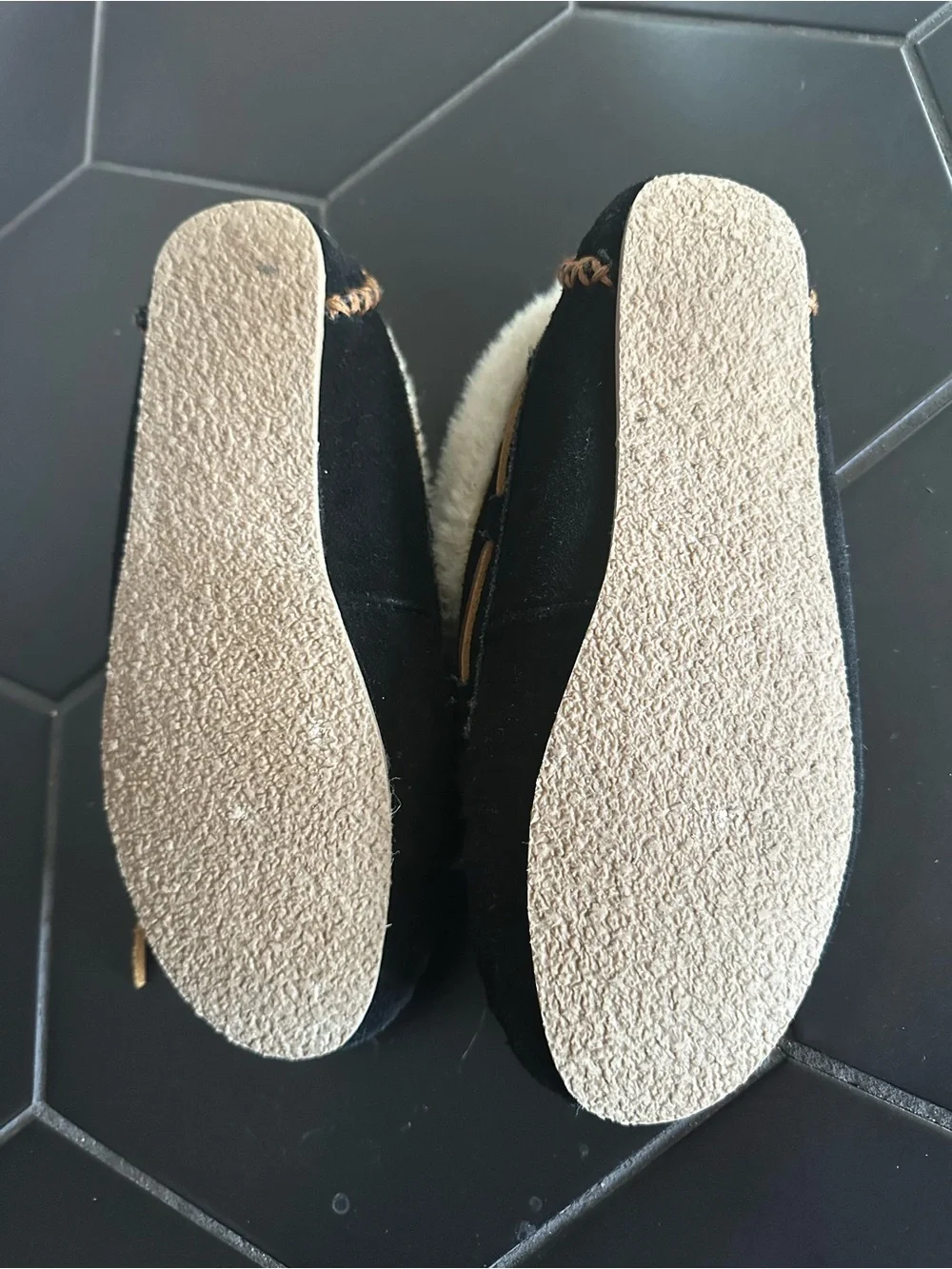 Minnetonka Black Moccasin Slippers with Cream Faux Fur Trim